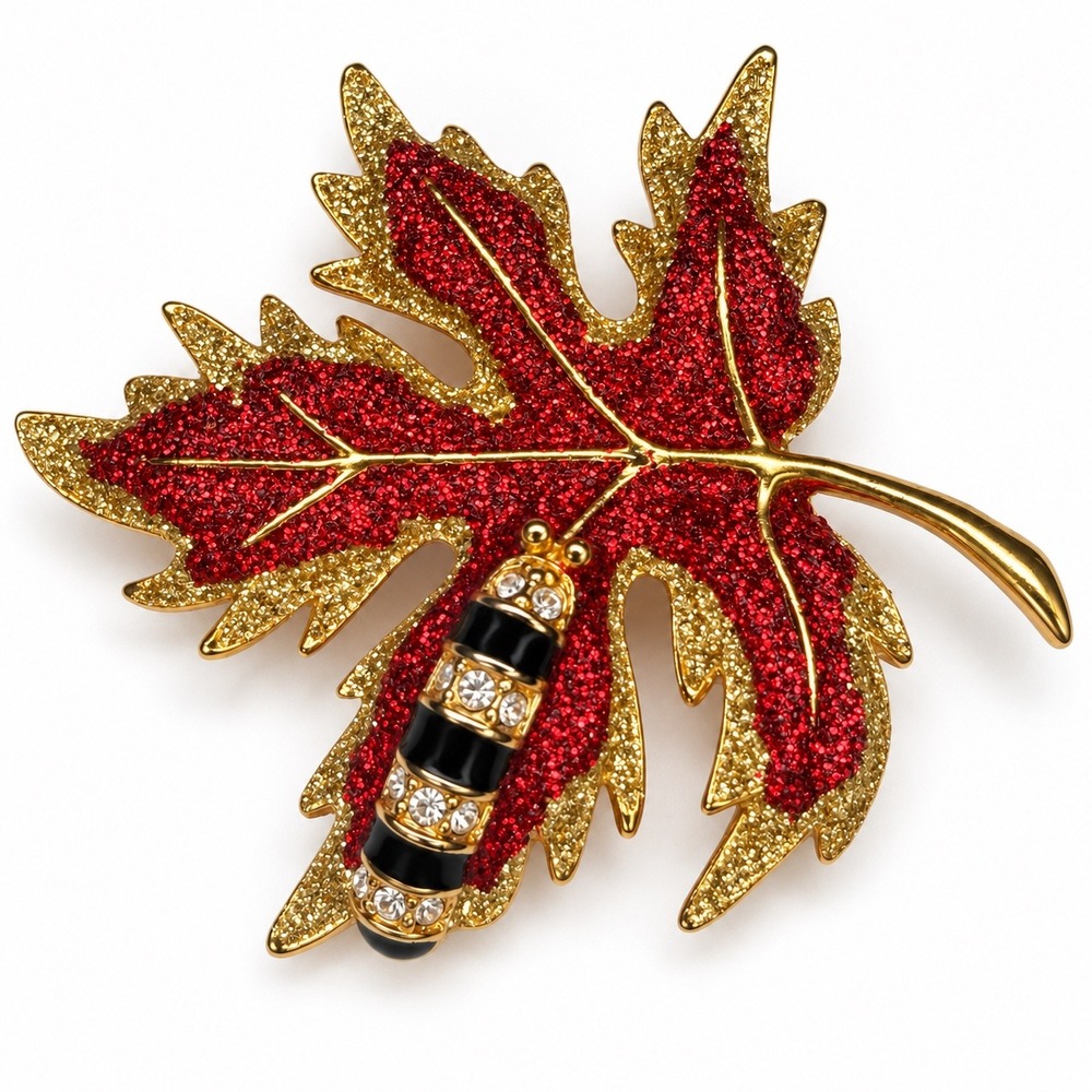 Vintage Maple Leaf Brooch Rhinestone Caterpillar Fall Autumn Red Gold Glitter